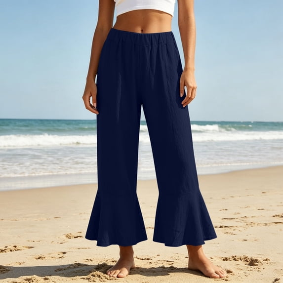 WERYOUNG Casual Flare Cropped Pants For Women Solid Color Relaxed Fit Wide Leg Trousers Home Lounging Versatile Bottoms