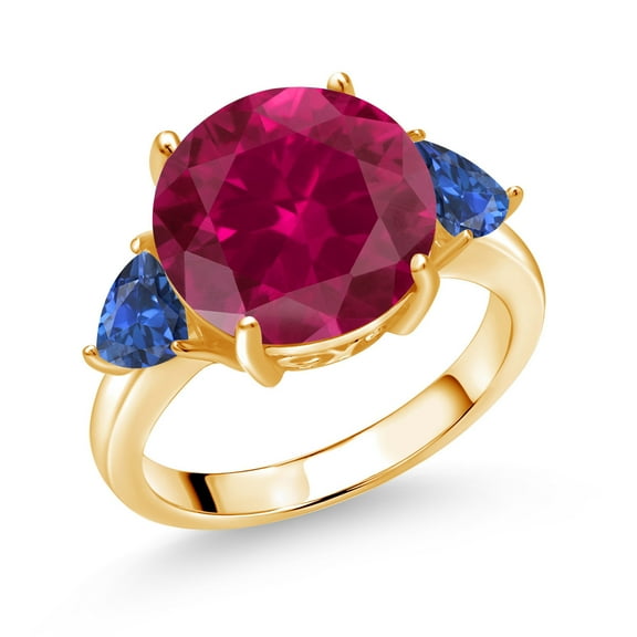 Gem Stone King 18K Yellow Gold Plated Silver Red Created Ruby and Blue Created Sapphire 3-Stone Ring for Women (8.08 Cttw, Round 12MM, Trillion 5MM, Size 6)