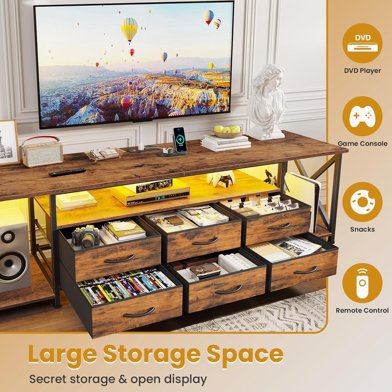 Afuhokles TV Stand for 80 Inches TV, Entertainment Center with LED Lights and Power Outlets, 6 Fabric Drawers, Rustic Brown