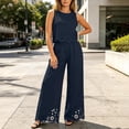 thumbnail image 6 of TEAJOPSUU Womens 2 Piece Sets Matching Lace Hem Outfits Sleeveless Crew Neck Crop Tank Tops High Waisted Wide leg Pants Sets Casual Daily Outfits Navy, 6 of 7