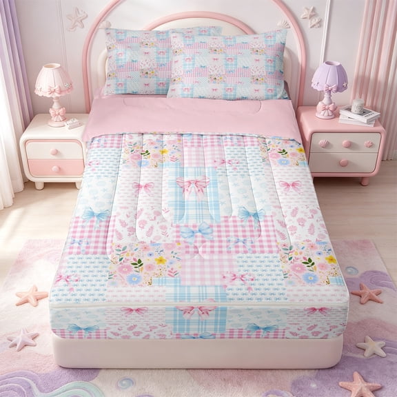 Manfei Pink Kawaii Flowers Zipper Twin Comforter Sets with Fitted Sheet and 2 Pillowcases,Cute Coquette Bowtie Zipper Bedding Set,Pink Reversible,4pcs