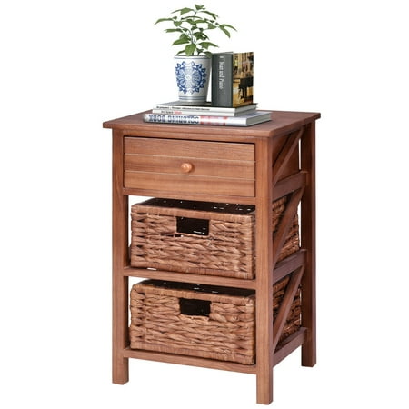 Costway 3 Tiers Wood Nightstand 1 Drawer 2 Basket Bedside Table End Table Organizer