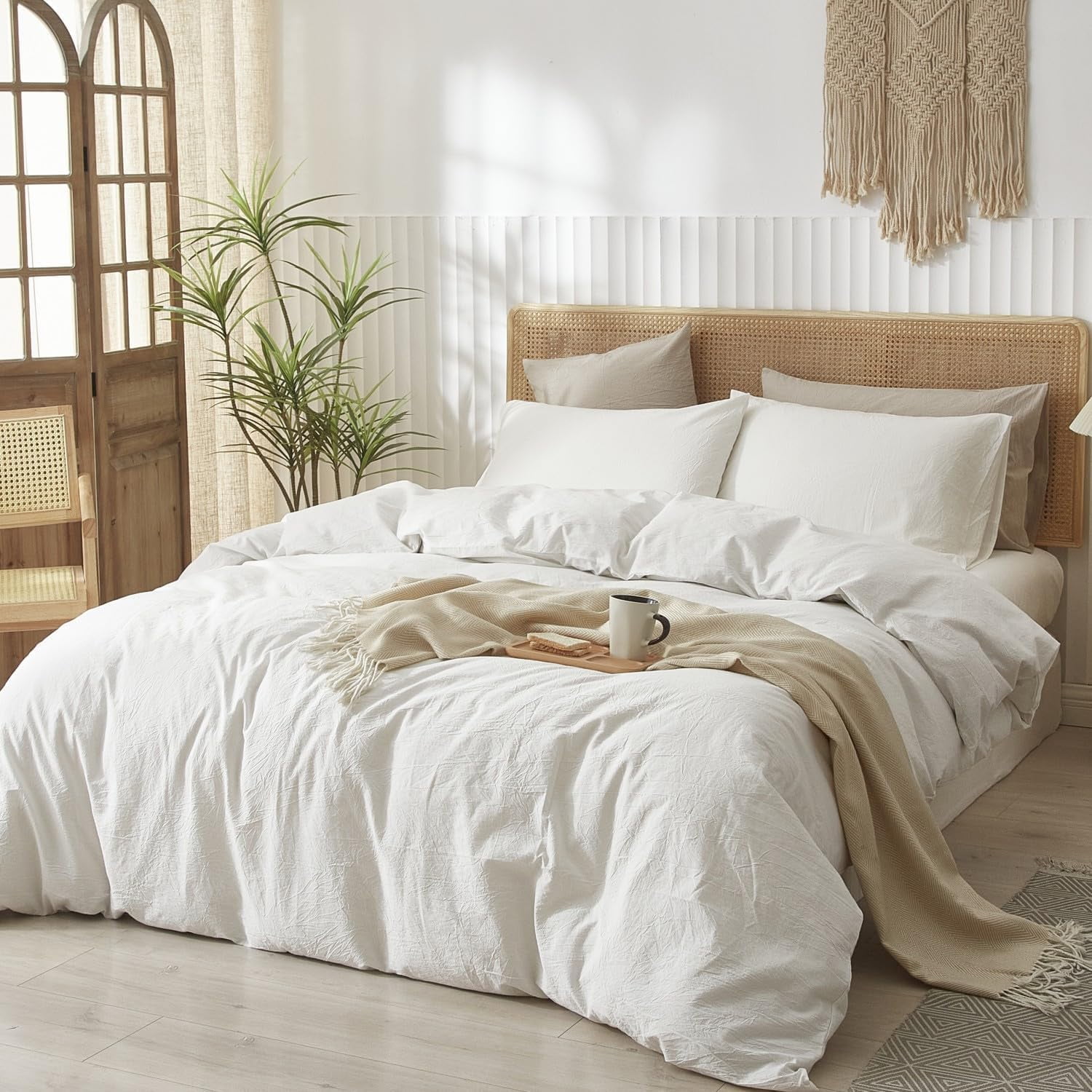 White Solid Color Washed Cotton Duvet Cover Plain Breathable Simple And Stylish Bedding Sets,Queen Size