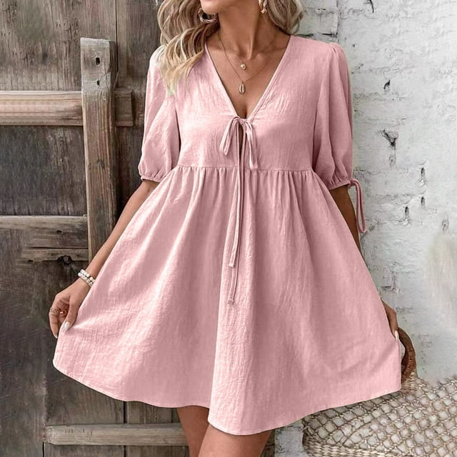Robe en Lin pour Femme, Robe Décontractée à Col en V et Manches Courtes, Robe d'Été Longueur Genou pour les Vacances