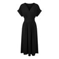 thumbnail image 4 of Elegant Long Casual Dress with Overlap Neckline, Batwing Sleeves, and Waist Pleats – Women’s Satin A-Line Maxi Dress with V-Neck and Ruched Fit for Summer Evening Wear, 4 of 6