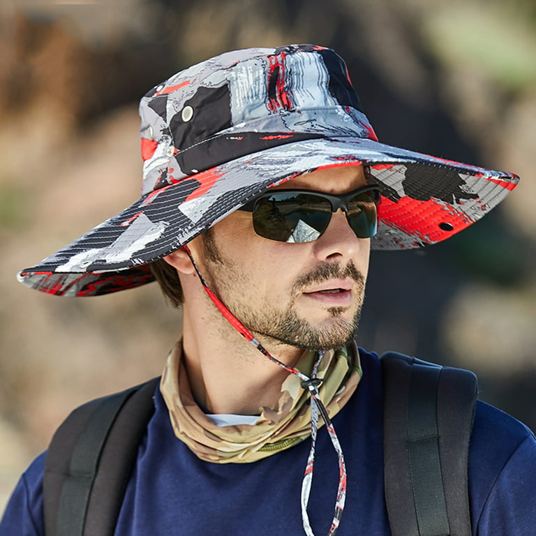 Yubnlvae Bucket Hats Men Mountaineering Fishing Camouflage Hood Rope Outdoor Shade Foldable Casual Bucket Hat, Men's, Size: One size, Red