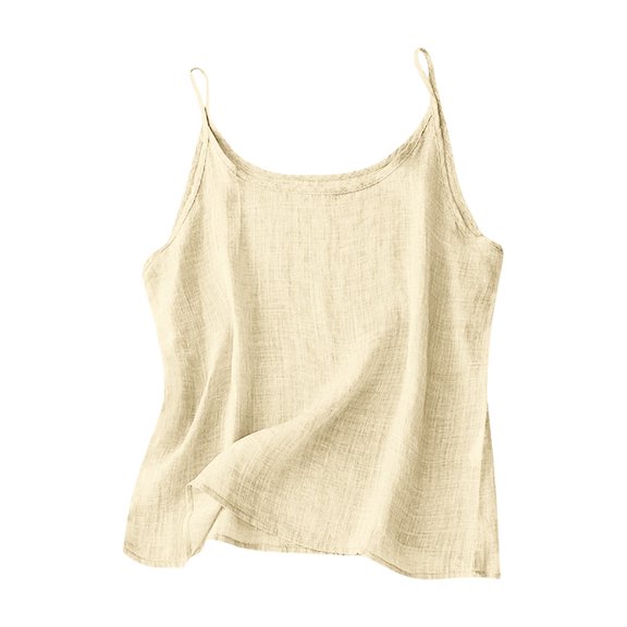 WHEANG Linen Tops for Women Round Neck Spaghetti Strap Tank Tops Loose Fit Summer Tops Daily Casual Sleeveless Breathable Womens Tank Tops Hot Summer Sale Beige S