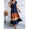 thumbnail image 4 of Women Party Color Block Dress High Waist Short Sleeve Maxi V Neck Dress Casual Ruched Ruffle Hem Dress Style 1 M, 4 of 8