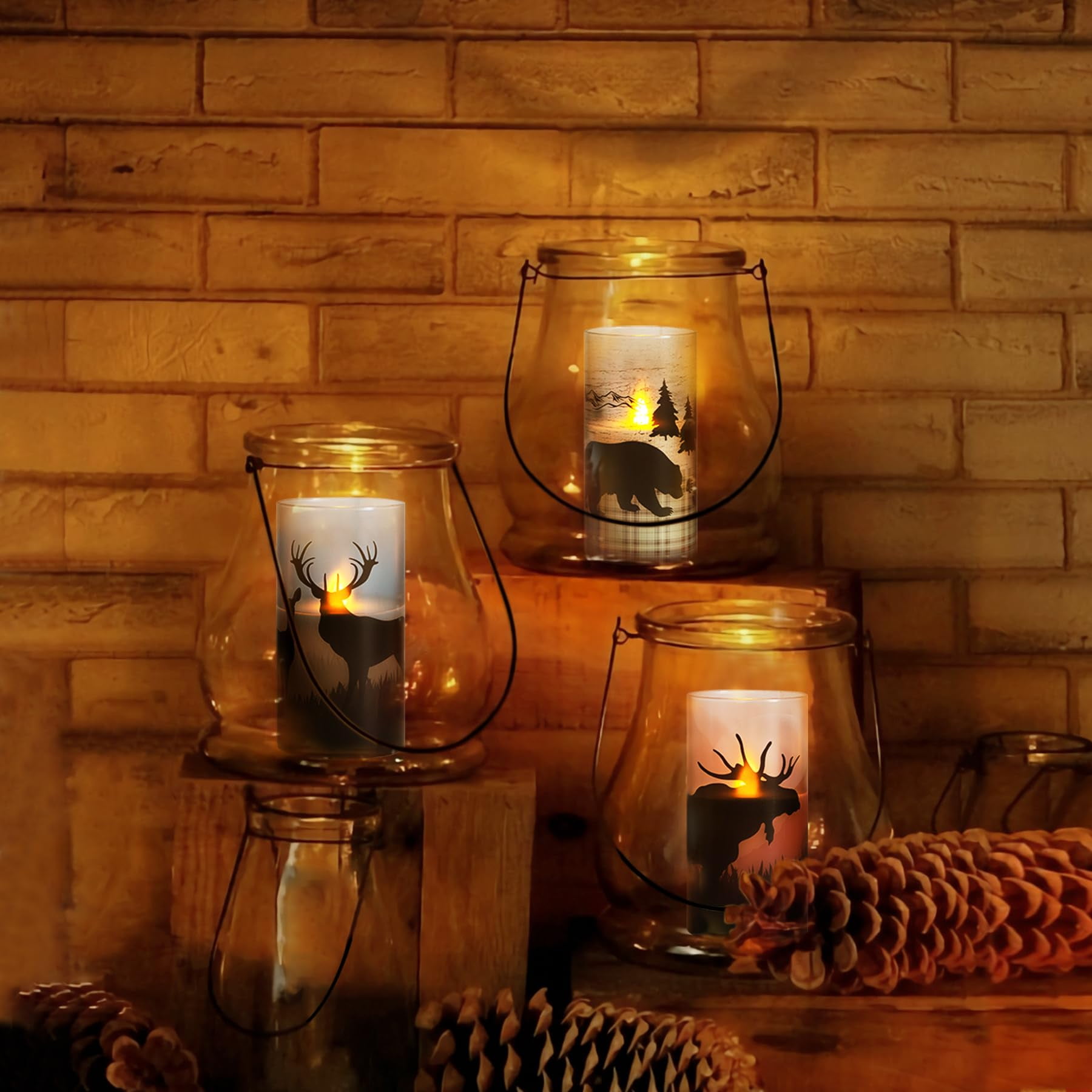 Mavandes 3pcs Flameless Led Real Glass Remote Candles with Deer Moose Bear Decal, 3 x 6 inches Flickering Battery Operated Timer Pillar Candles