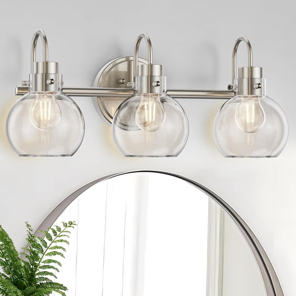3 Lights Vanity Light, Brushed Nickel Bathroom Light Fixtures, Farmhouse Wall Sconces with Globe Clear Glass Shade, Porch Wall Mo