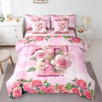 Homewish Girly Pink Monogrammed T Bedding Comforter Set 7pcs for Women, Valentines Day Queen Bedding Sets, Spring Garden Rose Reversible Queen Sheet Sets, Breathable Home Decor