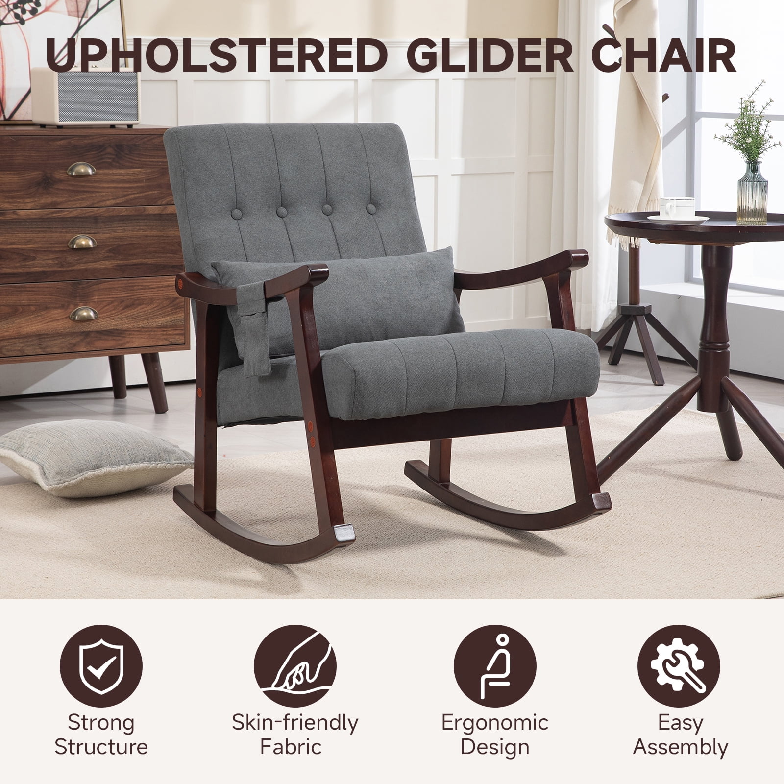 AVAWING Upholstered Rocking Chair with Massage Lumbar Support, Comfy Rocker Glider Chair for Nursery, Modern High Back Armchair for Living Room, Indoor Chair, Polyester, Dark Gray