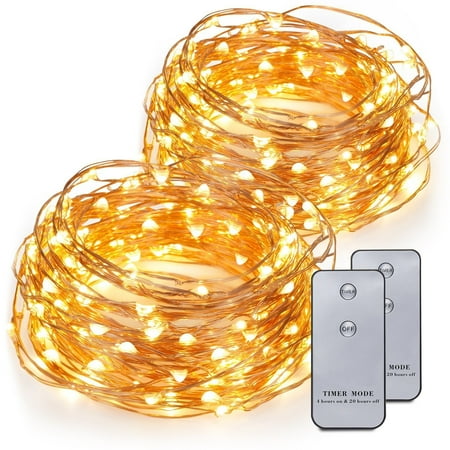 Led Battery Operated Timer String Lights Warm White Kohree 2 Pack 120 LEDs Battery Operated String Light 20ft Copper Wire with Remote Control, Waterproof Design ()