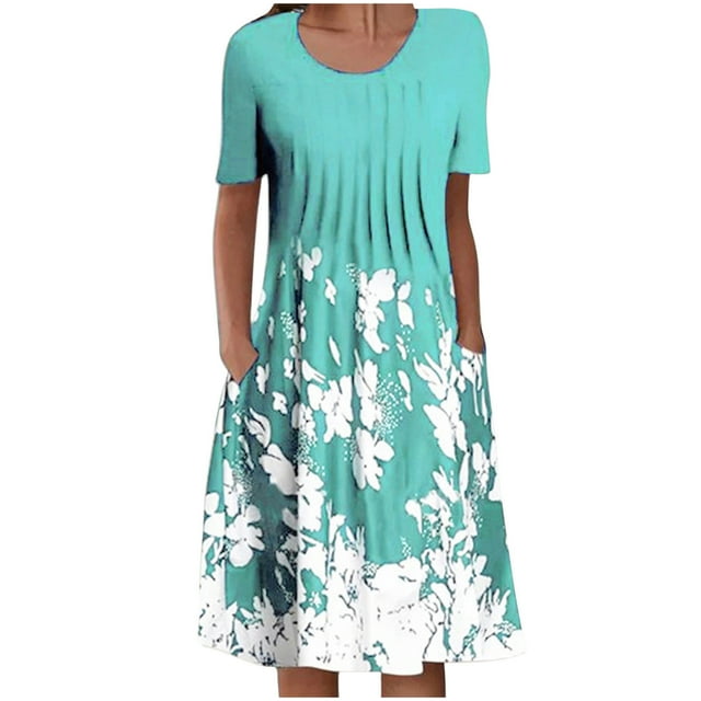 EQWLJWE Robes pour Femmes 2023 Aguichant Robe d'Été Décontractée pour Femme à Col Rond à Manches Courtes Plissée à Imprimé Floral Robes pour Femmes Grande Taille
