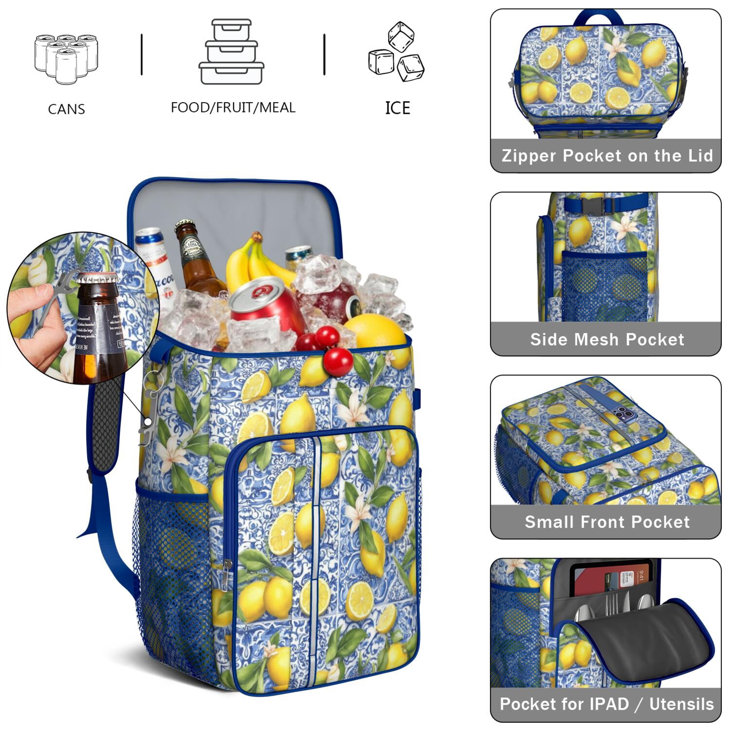 Travel Cooler Bag - Lemon Camping Beer Cooler Backpack with Bottle Opener- Waterproof Insulated Picnic Backpacks - Cooler Bag for Beach