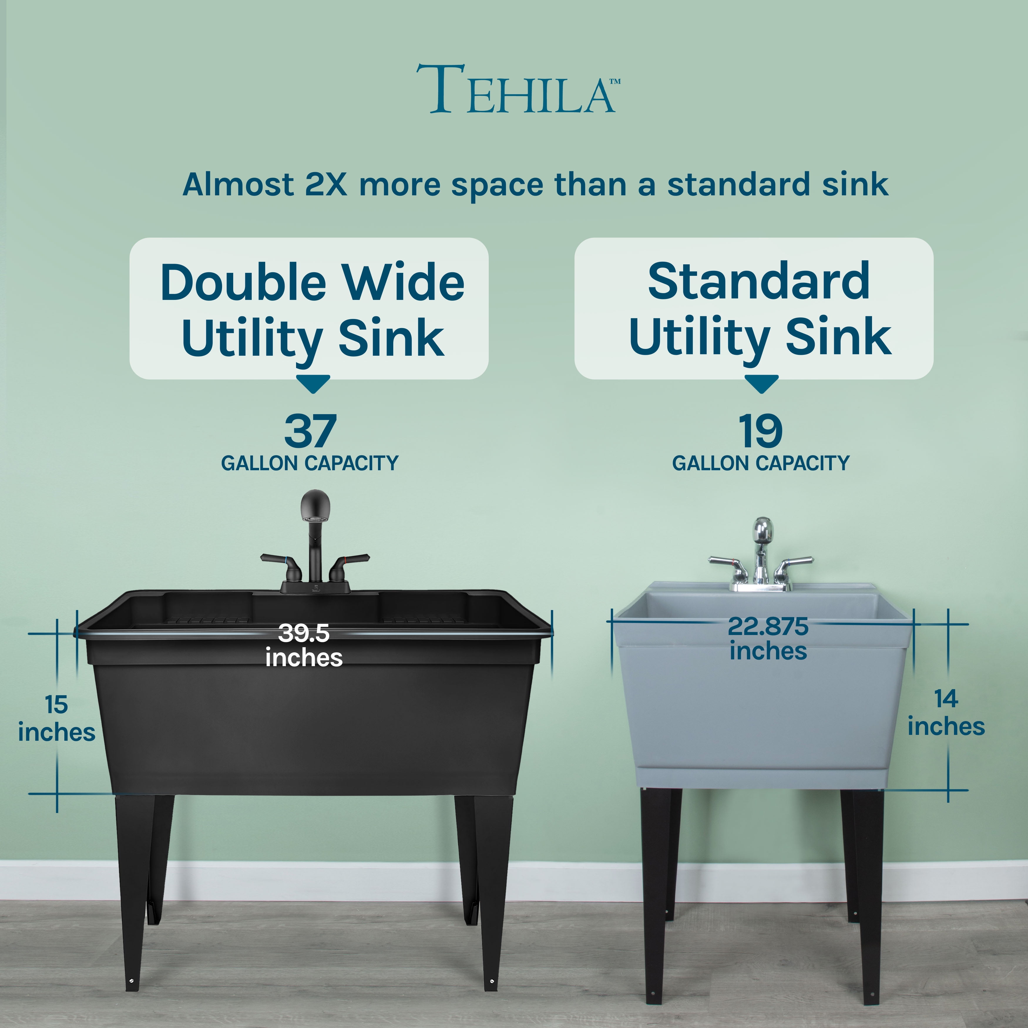 Tehila 37 Gallon Freestanding Black Double Wide Utility Sink with Steel Legs and Black Pull-Out Faucet