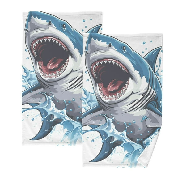 Cartoon Fierce Shark Hand Towel Set 2 Pcs Cotton Absorbent Soft Face Towels 400 GSM Bath Towels for Bathroom Kitchen Shower Hotel Decor 16"x28"