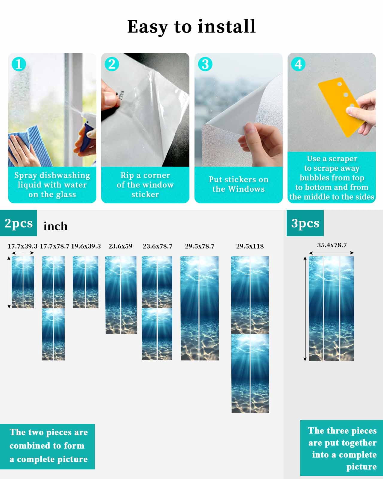 Window Privacy Film Ocean Blue Stained Glass Window Film Decorative Sun Block Window Cover Underwater Sun Light Coastal Sea Scenery Window Clings Static Adhesive Sticker for Bathroom 23.6"x59"