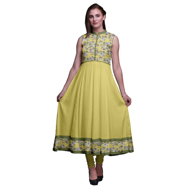 Bimba Kurti Indienne Jaune Moyen à Fleurs pour Femmes, Anarkali Prêt-à-Porter Uni, Robe Imprimée Kurti Indienne Très Grande