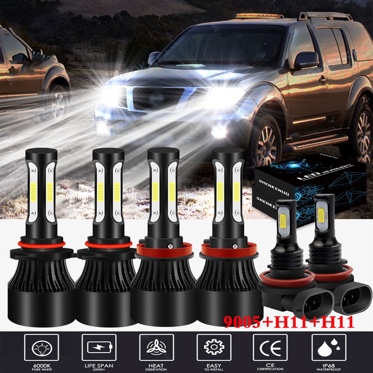 US Stock LED Headlight Bulbs 9005 9006 Combo Kit 24000LM Total 6000K White High Low Beam 4-Side Chips 360 Degree for Cars Automotive Headlamp 2 Year Warranty 4PCS