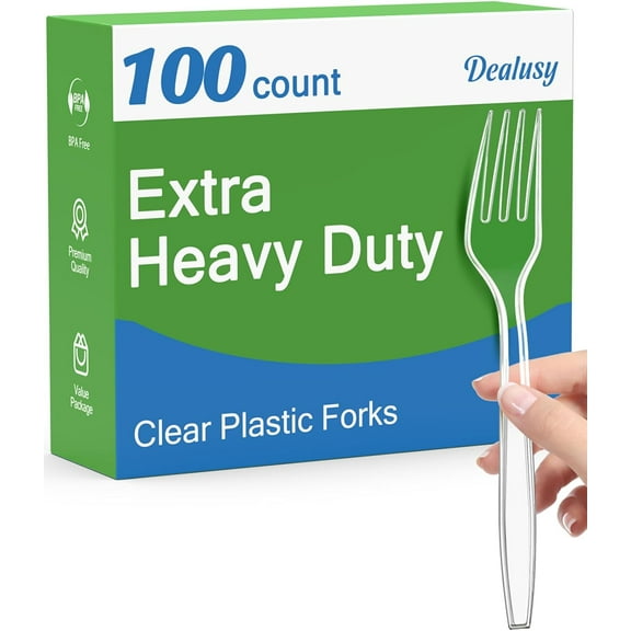 100 Count Extra Heavy Duty Clear Plastic Forks Disposable, BPA-Free, Heat Resistant, Solid and Durable Disposable Forks Bulk, Premium Plastic Forks heavy duty for Party Supply