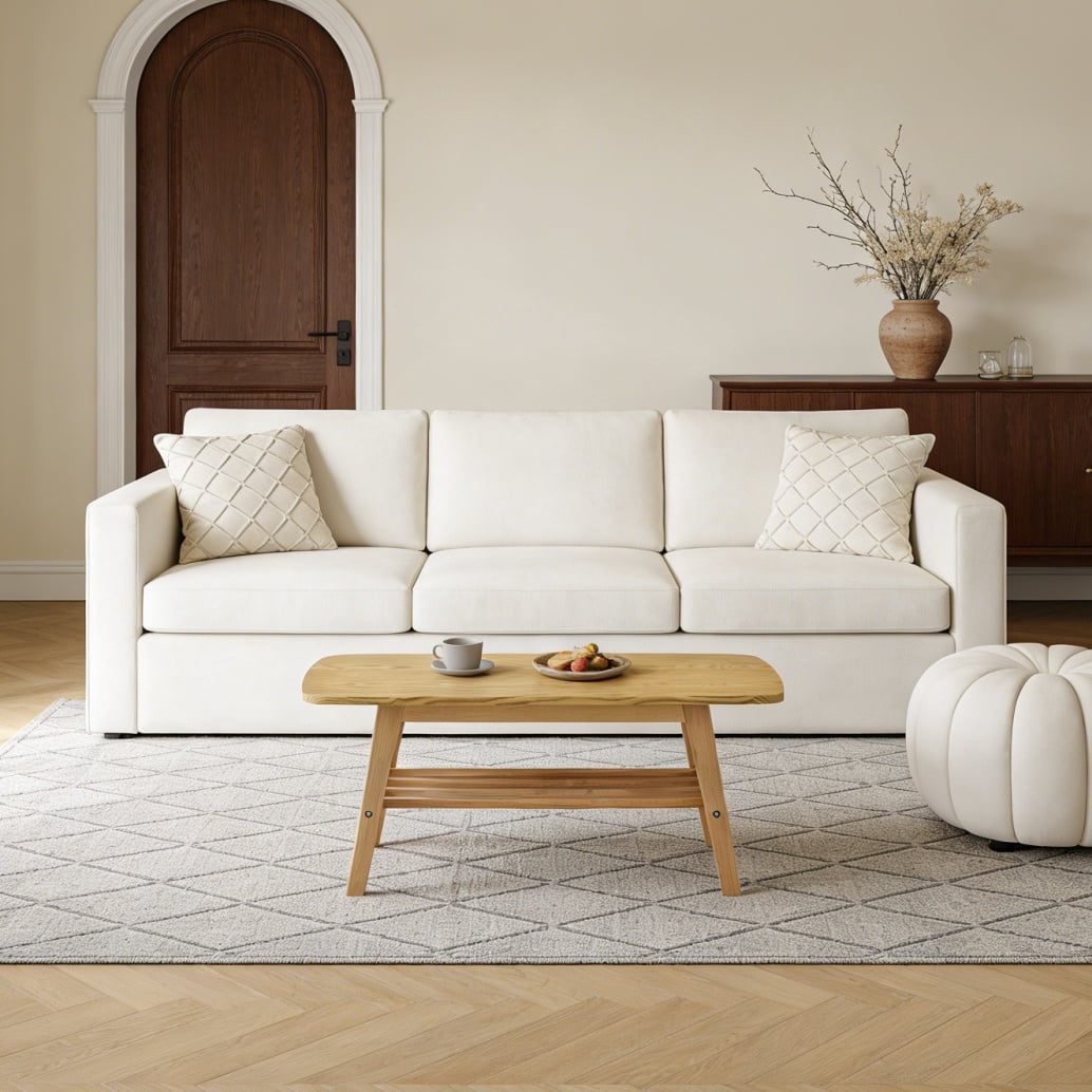 39 Inch Solid Wood Coffee Table, Double-Layer Storage Center Table, Modern Wooden Accent Table for Living Room Apartment Office