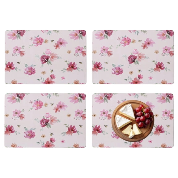 Spring Peony Pink Petal-Party Placemats, Set of 4, Cork Backed Hard Boards, Heat Resistant, Rectangles, 15.75 x 11.25 Inches, White Backtround