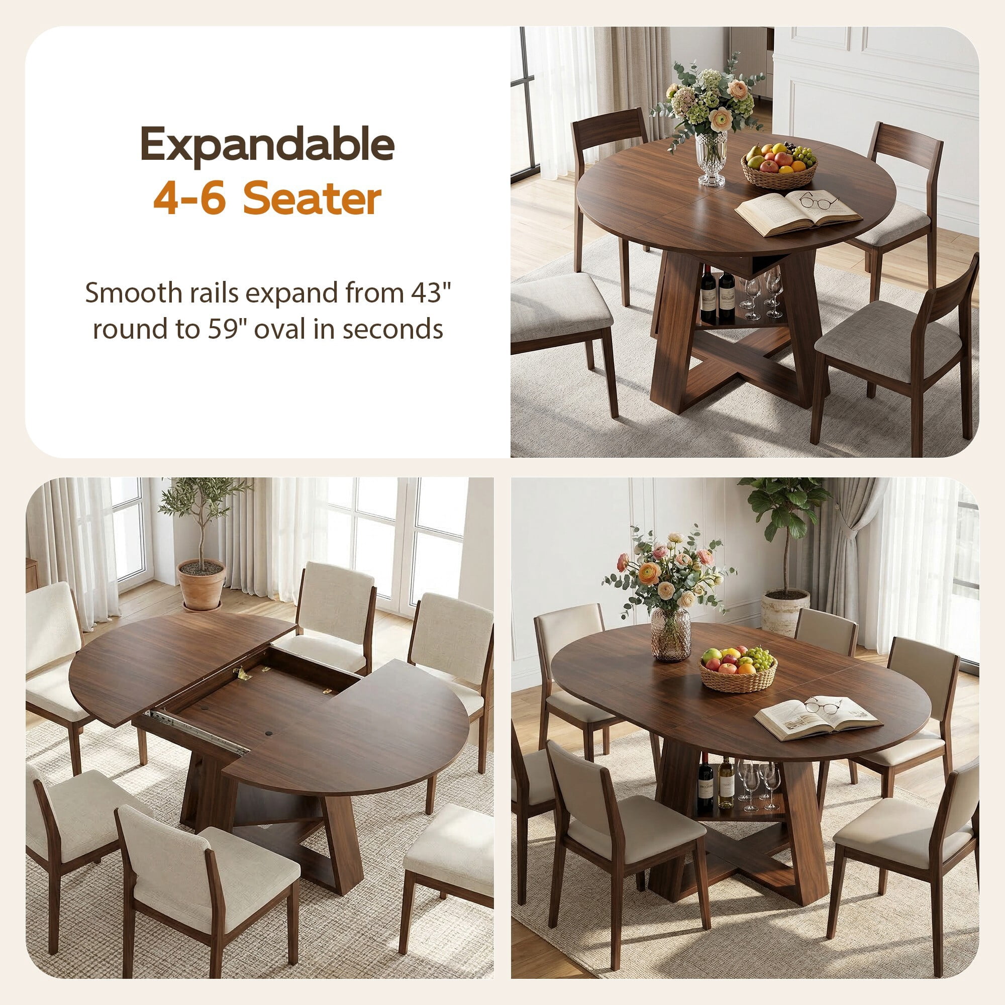 AENKYO 43" Extendable Dining Table for 4-6, Butterfly Leaf Table with Crisscross Storage Base, Walnut Finish