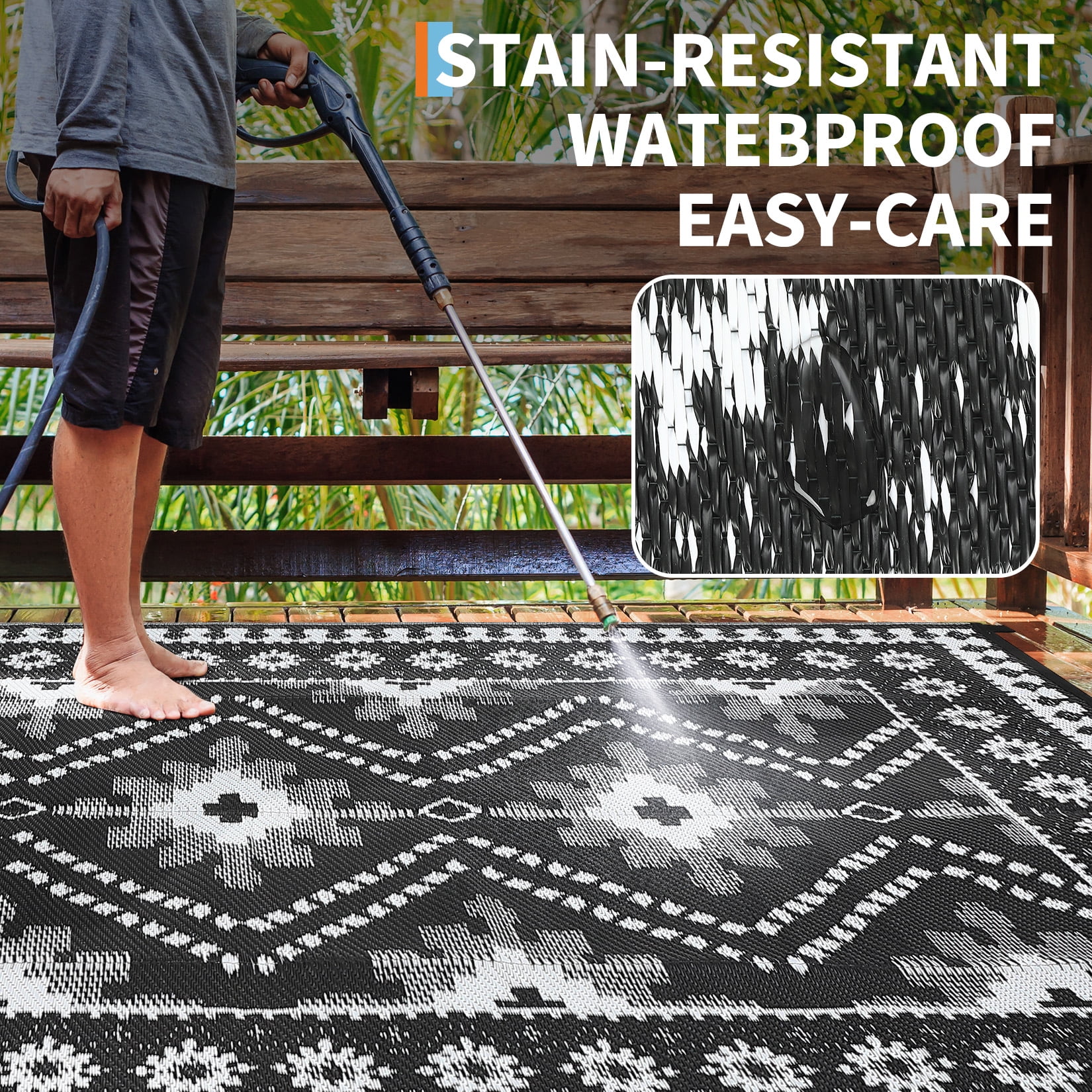 HIWEAVER 9' x 12' Black/White Outdoor Rug PP Plastic Straw Woven Waterproof Patio Rug with Border Portable Outside Carpet for Balcony Deck Picnic Garden Decor