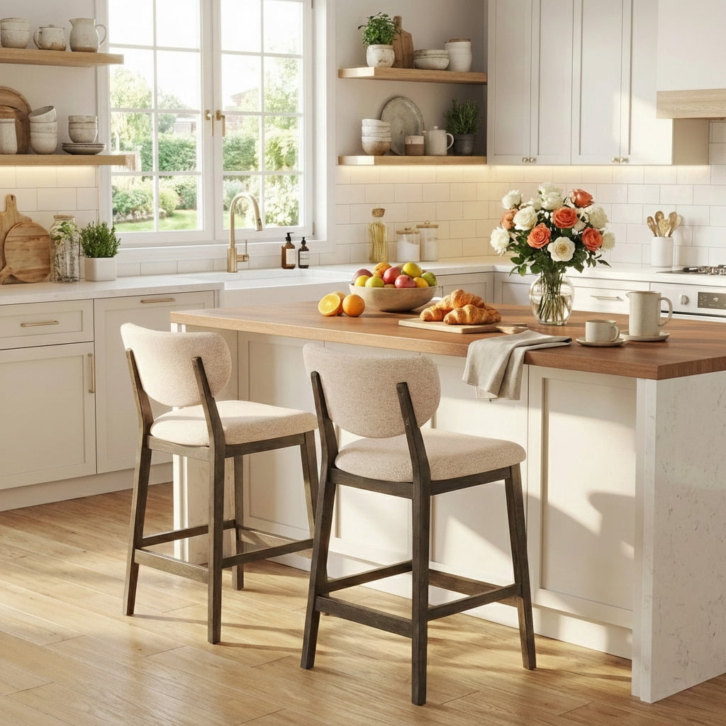 TrumanPick 26" Counter Height Bar Stools Set of 2, Modern Linen Upholstered Barstools with Back & Wood Legs, Farmhouse Kitchen Island Chairs for Dining Room Bar, Beige