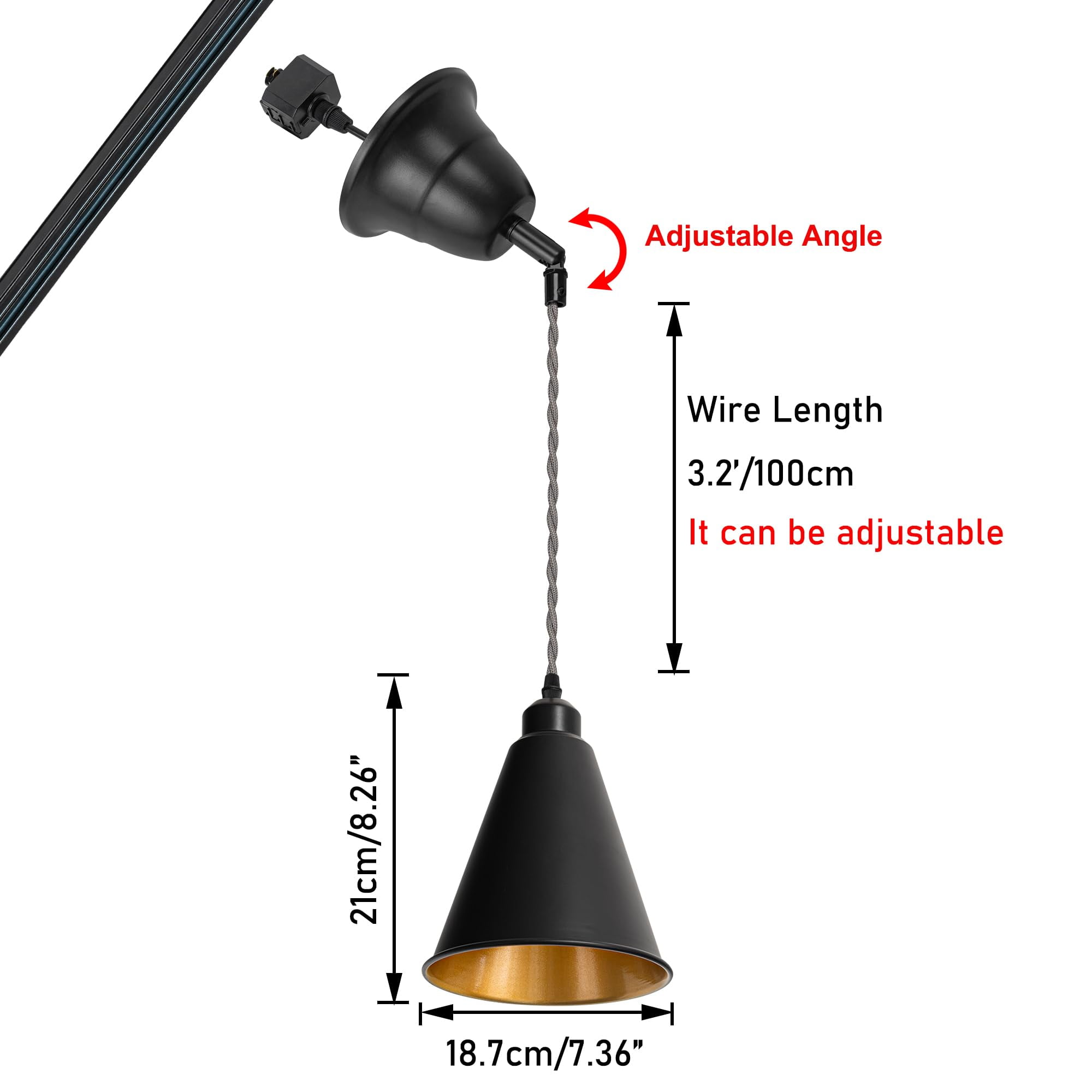 KAYYELAMP 3-Pack Tilt Position Track Lamp J-Type Black Metal Cone Shade Inner Gold 39.3 Inches Gray Twisted Adjusted Cord Remote RGB Warm Light Vintage Track Lighting for Sloping Space