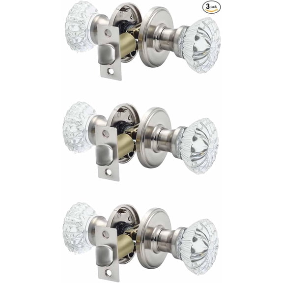 Cielsa Dawn Glass Door Knobs Interior with Lock, Satin Nickel Door Handles, Crystal Door Knobs with Lock(Satin Nickel, Privacy),3pack
