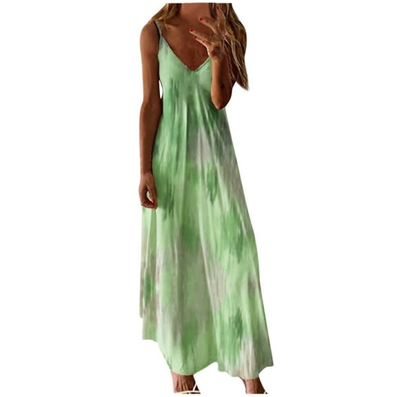 Viikei Sleeveless Dress Summer Dresses for Women Plus Size Dresses Fashion Plus Size Tie-dye Print Sleeveless V-Neck Camisole Long Dress