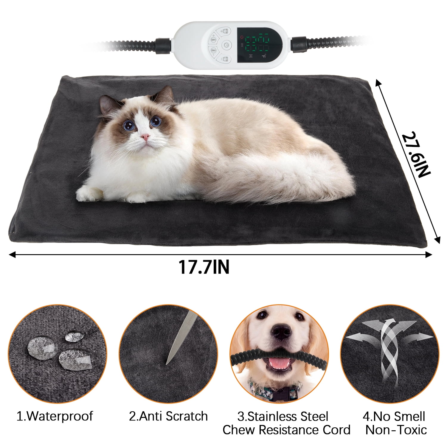 Petbank Pet Heating Pad, 18"X28" Dog Cat Self-Warming Bed, Electric Pet Heating Pads with 12 Temperature Modes, 12H timer, Indoor Outdoor Pet Heating Mat with Chew Resistant Cord, Gray