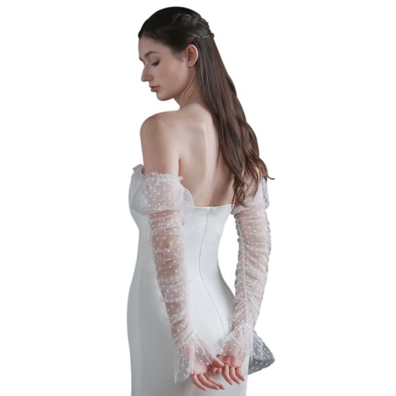 Elegant Wedding Bridal White Long Sleevelet Soft Dots Tulle Ruffled Brides Bridesmaid Gloves Women Marriage Accessories Women's Mesh Fingerless Gloves Pearl 1920 Opera Tea Party Hallowmas Sheer Gloves