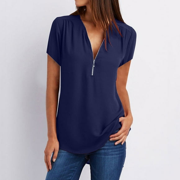 Summer Tops For Women,Fashion Women Zipper V Neck Solid Color Shirts Loose Fit Short Sleeve Blouses Summer Casual Ladies Tops