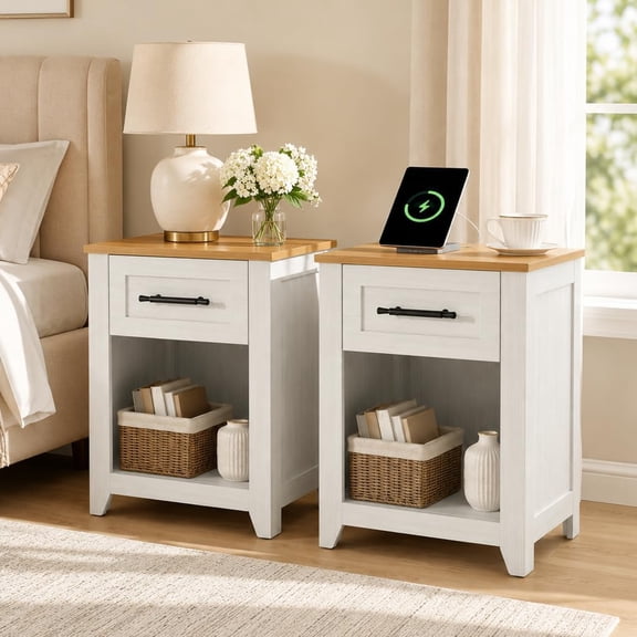 2 Pcs Nightstand Set with Charging Station 1 Drawer Bedside Table with Open Shelf and Storage White