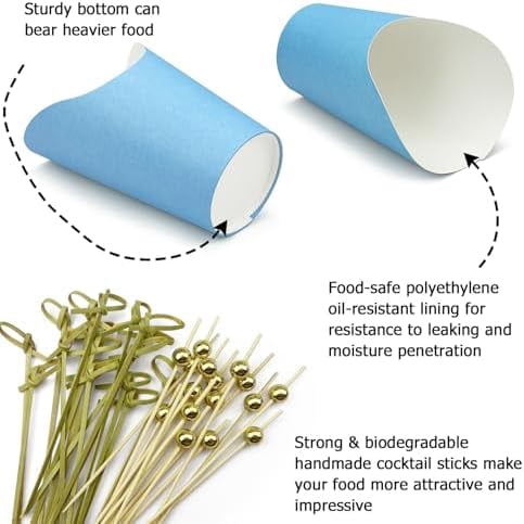 50 Charcuterie Cups + 200 Cocktail Picks + 56 Labels, 12 oz Disposable Charcuterie Cups with Sticks (2 Types), French Fry Cup Blue Paper Appetizer Cup for all Occasions (Blue)