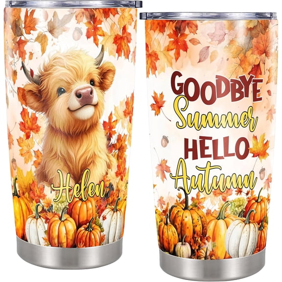 Personalized Fall Highland Cow Tumbler - Custom Name 20oz Stainless Steel Travel Mug - Insulated Cup Gift for Animal Lovers on Thanksgiving Birthday - Autumn Decor Gifts for Farmhouse