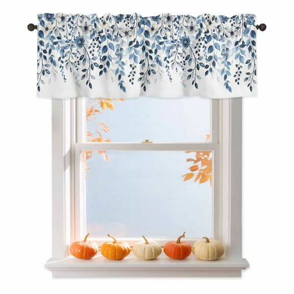 Eucalyptus Leaves Plant on The Top Curtain Valances for Kitchen Windows,Rod Pocket Short Valance Blue White Small Window Treatment for Living Room Bathroom Bedroom,54" x 18"-1 Panel
