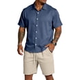 thumbnail image 2 of Hogleaql Men's Casual Short Sets 2 Piece Outfits 2026 Summer Short Sleeve Button Down Shirts and Shorts Tracksuits Elastic Waist Loose Fashion Matching Sets with Pockets Navy M, 2 of 4