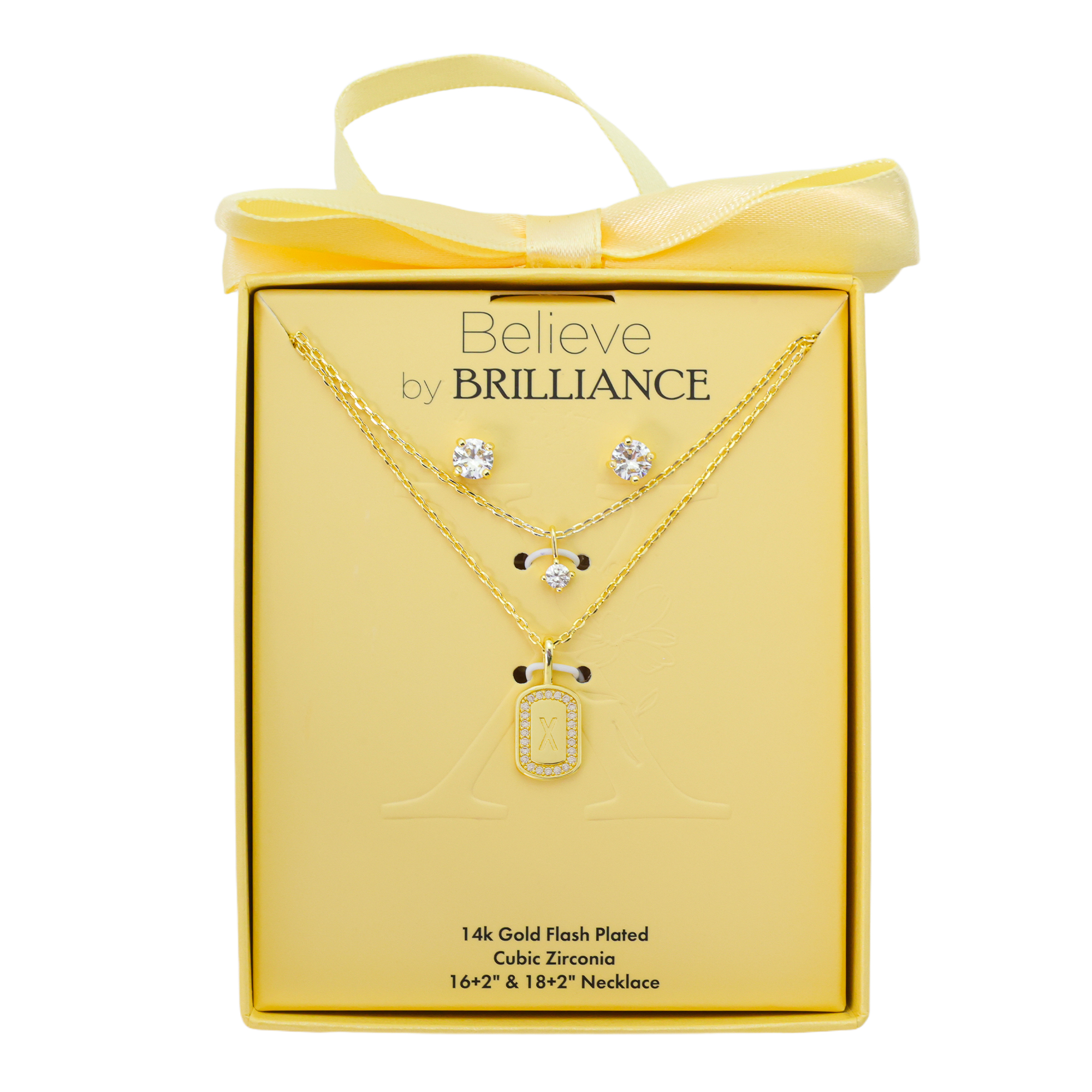 Believe by Brilliance Women's 14Kt Gold Flash Plated Cubic Zirconia Double Layer Tag "X" Necklace and Earring Set