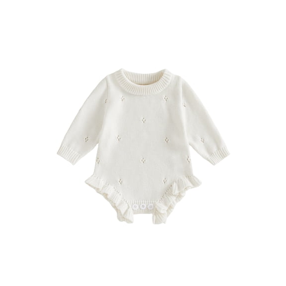 RUINIXCW Newborn Baby Girl Knit Sweater Romper Baby Girls Spring Fall Winter Clothes 0 3 6 9 12 Months Long Sleeve Ruffle Trim Eyelet Knit Bodysuit Playsuit with Headband