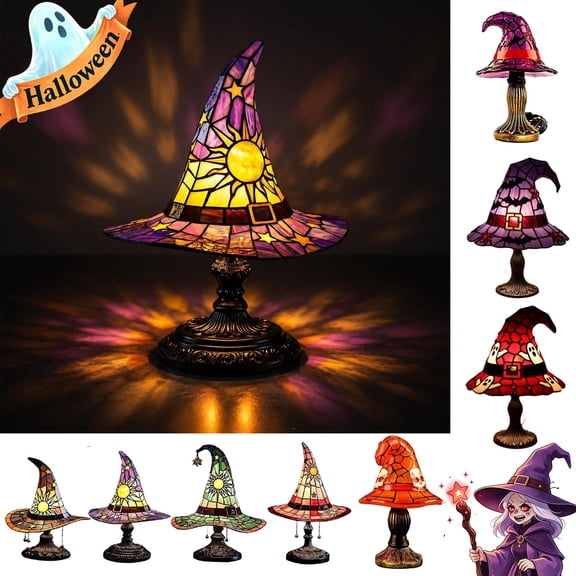 Qocolcyl Halloween Decor Witch Hat Lamp Gift,LED Halloween Night Light Table Decorations for Home Indoor,Handcrafted Retro Resin Witchy Decor for Shelf Mantel,Gothic Party Home Decoration (USB Power)