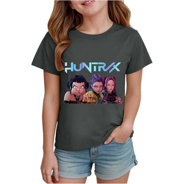 K pop Demon Chandail pour Filles, T-Shirt Graphique Mignon avec Dessin Animé, T-Shirt Tendance et Drôle, Chandail pour Enfants, Hauts Roses, Manches Courtes, Col Ras du Cou