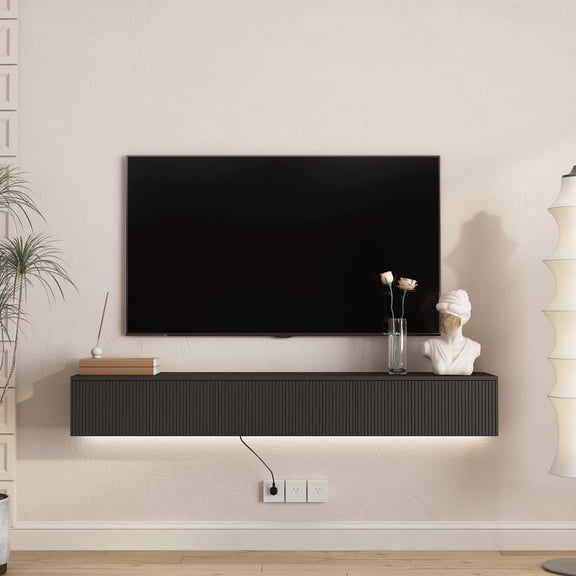 Resenkos 65" Floating TV Stand Wall Mounted, 16 Color LEDs Modern Entertainment Center, Storage Cabinet for 55 60 65 Inch TV, Black