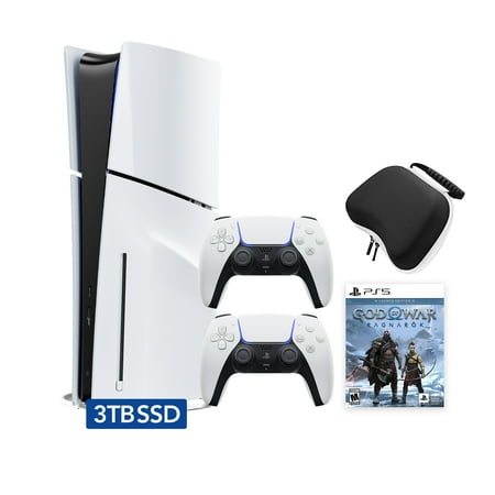 PlayStation 5 Slim Disc 3TB SSD Edition God of War Ragnarok Bundle with Two DualSense Controllers and Mytrix Hard Shell Protective Controller Case - PS5 Gaming Console