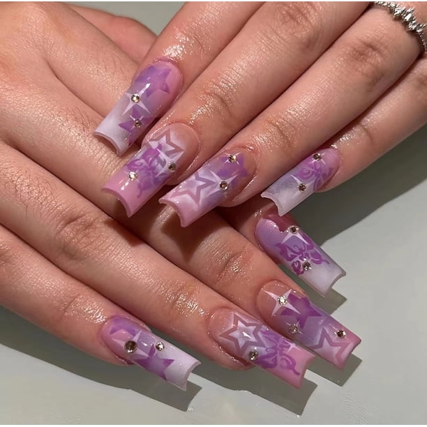 BABALAL Uñas Postizas Medianas Cuadradas con Estrella Morada y Rhinestones 24 Piezas
