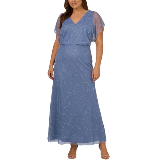 Adrianna Papell V-Neck Dolman Sleeves Blouson Zipper Closure Beaded Mesh Gown Color: FRENCH BLUE, Size: 14