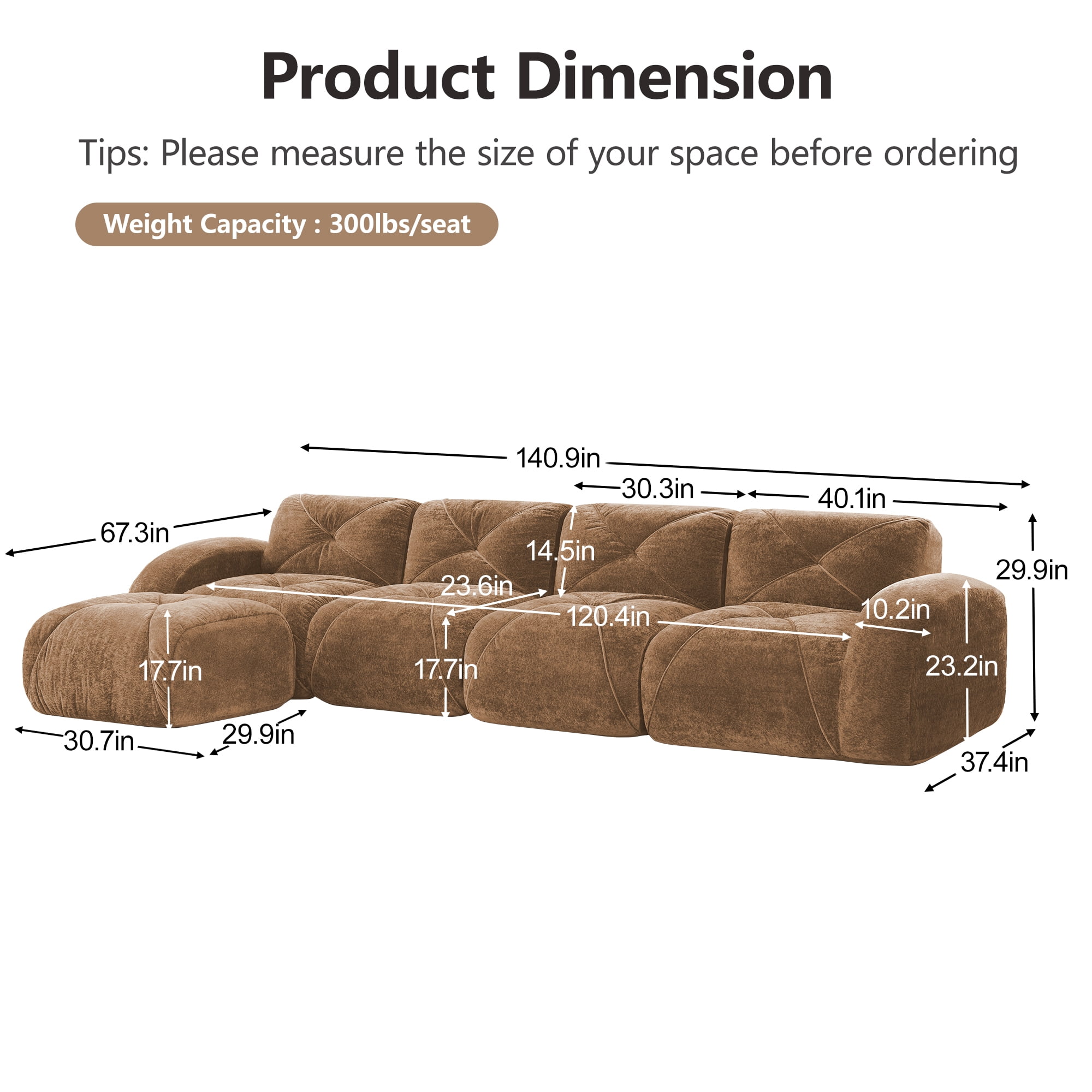 AISWORD 140" 4-Seat L-Shaped Modular Sectional with 1 Ottoman, Ultra-Soft Boneless Sectional with 32D High-Density Foam & Anti-Slip Bottom, No Assembly Required
